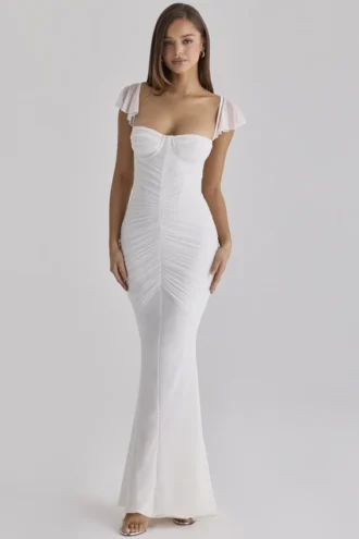 Antonella – Weißes Maxikleid aus gerafftem Mesh