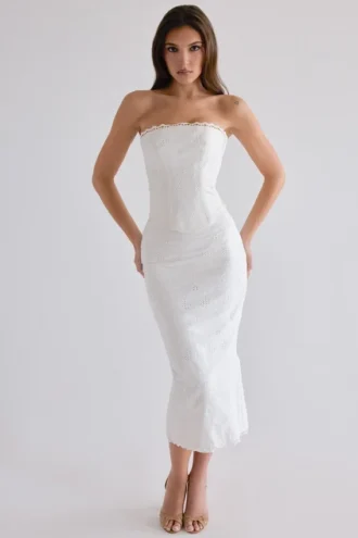 Antonie Midi-Rock aus weißer Baumwolle mit Broderie Anglaise