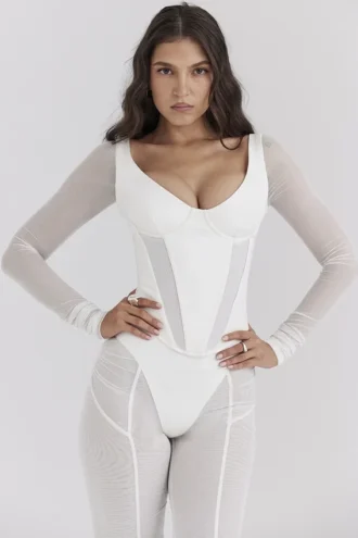 Araminta Weißes Langarm-Mesh-Korsett