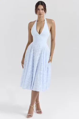 Arietta Midi-Kleid mit Halter-Ausschnitt aus Jacquard mit Bluebell-Blumenmuster
