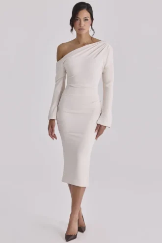 Arista Vintage Elfenbein Drapiertes Crêpe-Midi-Kleid mit einer Schulter