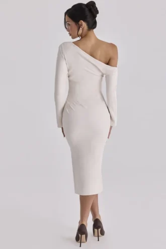 Arista Vintage Elfenbein Drapiertes Crêpe-Midi-Kleid mit einer Schulter