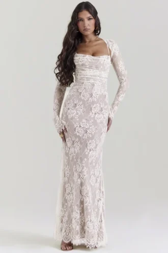 Artemis Vintage-Maxikleid aus cremefarbener Spitze
