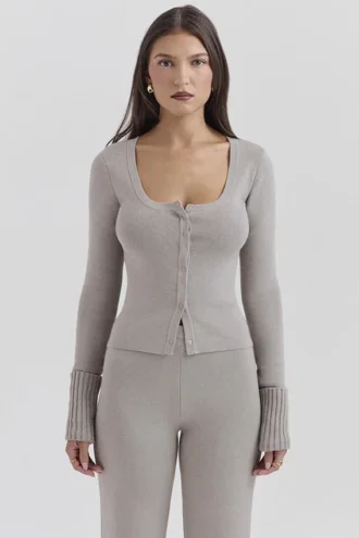 Aspen Grey Kaschmir-Strickjacke mit gerippten Bündchen