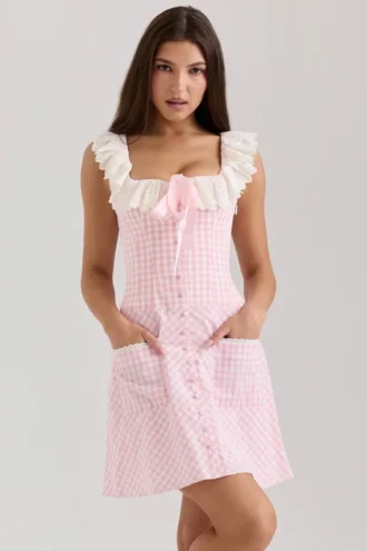 Astra – Rosa Mini-Kleid aus Baumwolle mit Rüschen am Ausschnitt