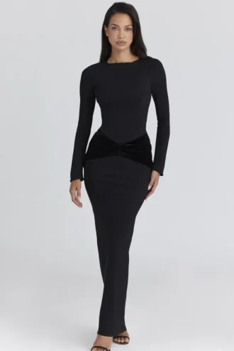 Athena – Langärmliges Maxikleid aus Crêpe-Jersey in Schwarz