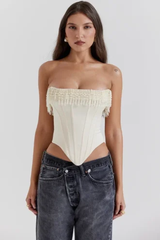 Aubrie Vintage Cremefarbenes Satin-Korsett mit Verzierungen