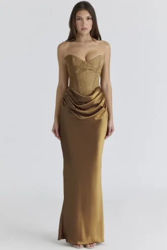 Aurelia Bronze Brokat-Satin-Korsetts-Maxikleid