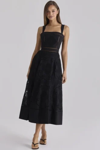 Ava Schwarzes Midi-Kleid aus Baumwolle mit Broderie-Anglaise-Applikationen