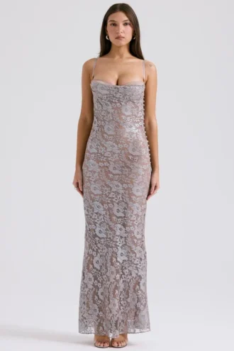 Azzurra Eisblaues Godet-Abendkleid aus Spitze