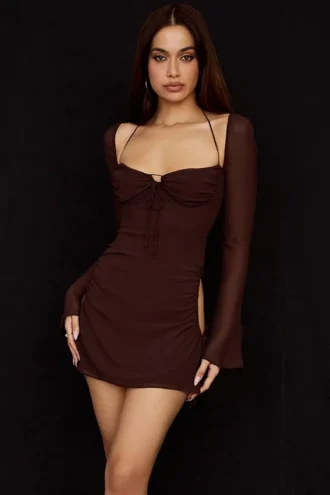 Baby Chocolate Chiffon Cutout Halter Mini Kleid
