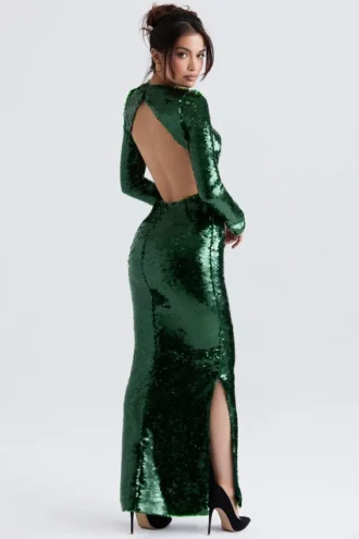 Belle Maxikleid in Tannengrün mit Pailletten