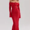 Belle – Rotes, schulterfreies Floral-Spitze-Maxikleid Belle – Rotes, schulterfreies Floral-Spitze-Maxikleid