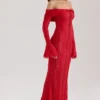 Belle – Rotes, schulterfreies Floral-Spitze-Maxikleid Belle – Rotes, schulterfreies Floral-Spitze-Maxikleid