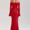 Belle – Rotes, schulterfreies Floral-Spitze-Maxikleid Belle – Rotes, schulterfreies Floral-Spitze-Maxikleid