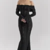 Belle Schwarzes schulterfreies Floral-Spitze-Maxikleid Belle Schwarzes schulterfreies Floral-Spitze-Maxikleid