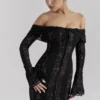 Belle Schwarzes schulterfreies Floral-Spitze-Maxikleid Belle Schwarzes schulterfreies Floral-Spitze-Maxikleid