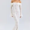 Belle Vintage cremefarbenes Maxikleid mit Blumenmuster und Spitzen-Schulterausschnitt Belle Vintage cremefarbenes Maxikleid mit Blumenmuster und Spitzen-Schulterausschnitt