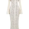 Belle Vintage cremefarbenes Maxikleid mit Blumenmuster und Spitzen-Schulterausschnitt Belle Vintage cremefarbenes Maxikleid mit Blumenmuster und Spitzen-Schulterausschnitt