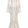 Belle Vintage cremefarbenes Maxikleid mit Blumenmuster und Spitzen-Schulterausschnitt Belle Vintage cremefarbenes Maxikleid mit Blumenmuster und Spitzen-Schulterausschnitt