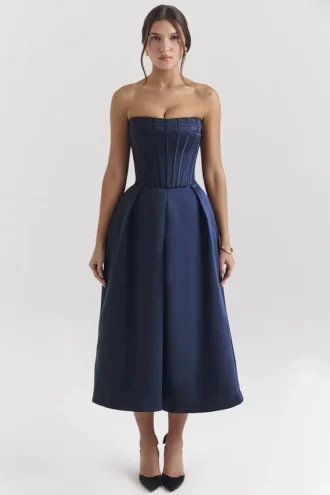 Bellina Mitternachtsblaues, trägerloses Midi-Kleid mit abnehmbarem Schleifen