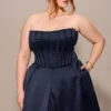 Bellina Mitternachtsblaues, trägerloses Midi-Kleid mit abnehmbarem Schleifen Bellina Mitternachtsblaues, trägerloses Midi-Kleid mit abnehmbarem Schleifen