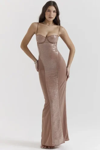 Bonita Cafe Au Lait Pailletten-Maxikleid