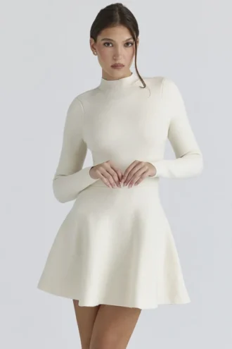 Bonnie Cremefarbenes Skater-Minikleid aus Merinowolle