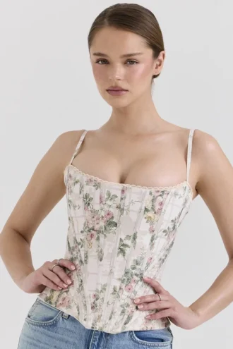 Cadie Cremefarbenes Baumwoll-Korsetts-Oberteil mit Blumenmuster