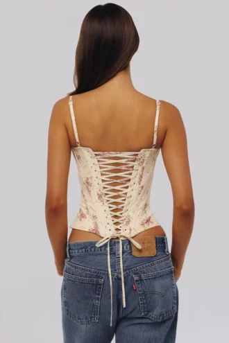 Cadie Elfenbeinfarbenes Baumwoll-Korsetts-Oberteil mit Vintage-Rosenprint