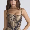 Cadie Gold Satin-Korsetts-Oberteil mit Leopardenmuster Cadie Gold Satin-Korsetts-Oberteil mit Leopardenmuster