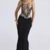 Cadie Gold Satin-Korsetts-Oberteil mit Leopardenmuster Cadie Gold Satin-Korsetts-Oberteil mit Leopardenmuster