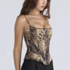 Cadie Gold Satin-Korsetts-Oberteil mit Leopardenmuster Cadie Gold Satin-Korsetts-Oberteil mit Leopardenmuster
