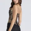 Cadie Gold Satin-Korsetts-Oberteil mit Leopardenmuster Cadie Gold Satin-Korsetts-Oberteil mit Leopardenmuster