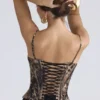 Cadie Gold Satin-Korsetts-Oberteil mit Leopardenmuster Cadie Gold Satin-Korsetts-Oberteil mit Leopardenmuster