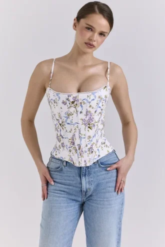 Cadie – Weißes Baumwoll-Korsetts-Oberteil mit Blumen- und Bändchenprint