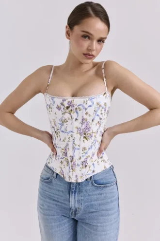 Cadie – Weißes Baumwoll-Korsetts-Oberteil mit Blumen- und Bändchenprint