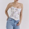 Cadie – Weißes Baumwoll-Korsetts-Oberteil mit Blumen- und Bändchenprint Cadie – Weißes Baumwoll-Korsetts-Oberteil mit Blumen- und Bändchenprint