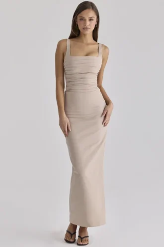 Calandra Taupe Stretch-Crêpe-Maxikleid mit Rüschen