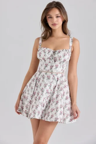 Calia Mini-Kleid aus Stretch-Baumwolle mit cremefarbenem Rosenprint
