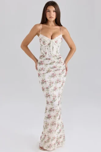 Calista Cremefarbenes Maxikleid aus Mesh mit Rosenprint