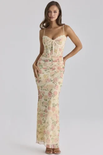 Calista Maxikleid aus Mesh mit Pfirsichfarbenem Blumenmuster