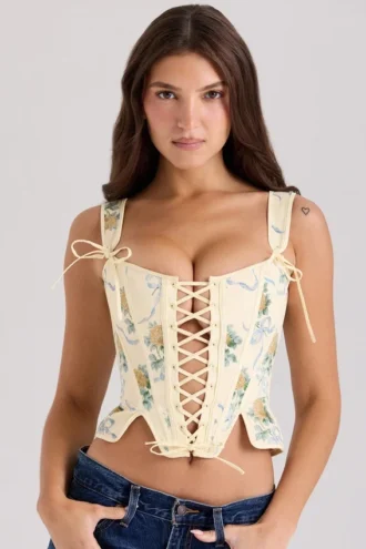Callie Lemon Rose Print Wende-Baumwoll-Korsetts-Oberteil