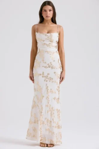 Capriana Weiß-Gold-Jacquard-Satin-Abendkleid