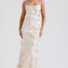 Capriana Weiß-Gold-Jacquard-Satin-Abendkleid Capriana Weiß-Gold-Jacquard-Satin-Abendkleid