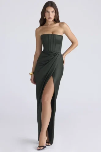 Carelle Emerald Satin-Maxikleid ohne Träger