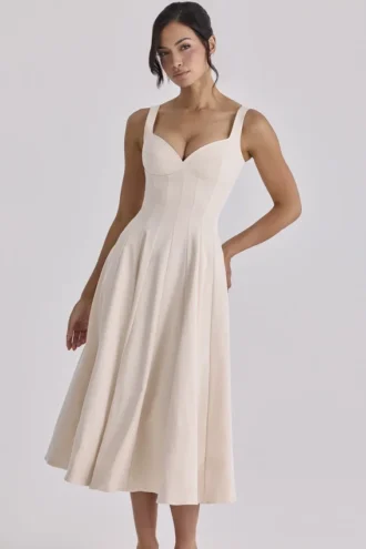 Carlotta Vintage Midi-Kleid aus elfenbeinfarbenem Twill