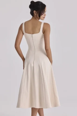 Carlotta Vintage Midi-Kleid aus elfenbeinfarbenem Twill