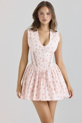 Carmel Pink Stretch-Baumwoll-Minikleid mit Blumenprint