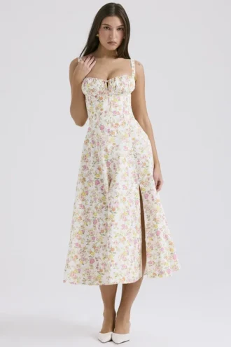 Carmen Elfenbeinfarbenes Baumwoll-Bustier-Sommerkleid mit Wiesenprint